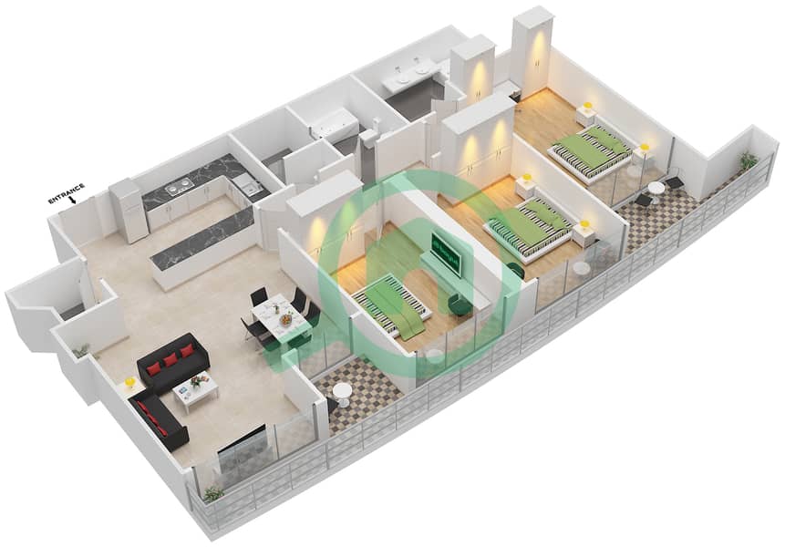 Космополитан - Апартамент 3 Cпальни планировка Тип 1 interactive3D