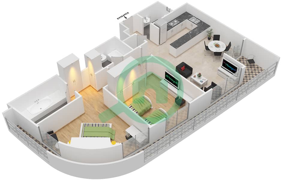 Космополитан - Апартамент 2 Cпальни планировка Тип 1 interactive3D