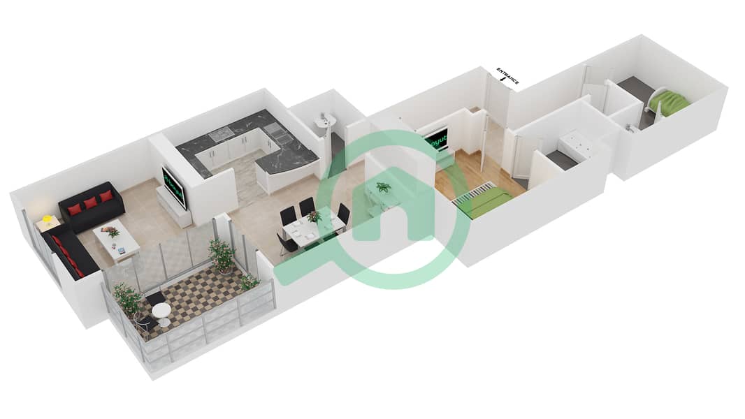المخططات الطابقية لتصميم الوحدة 05 / FLOOR 3-23 شقة 1 غرفة نوم - برج المرجان interactive3D