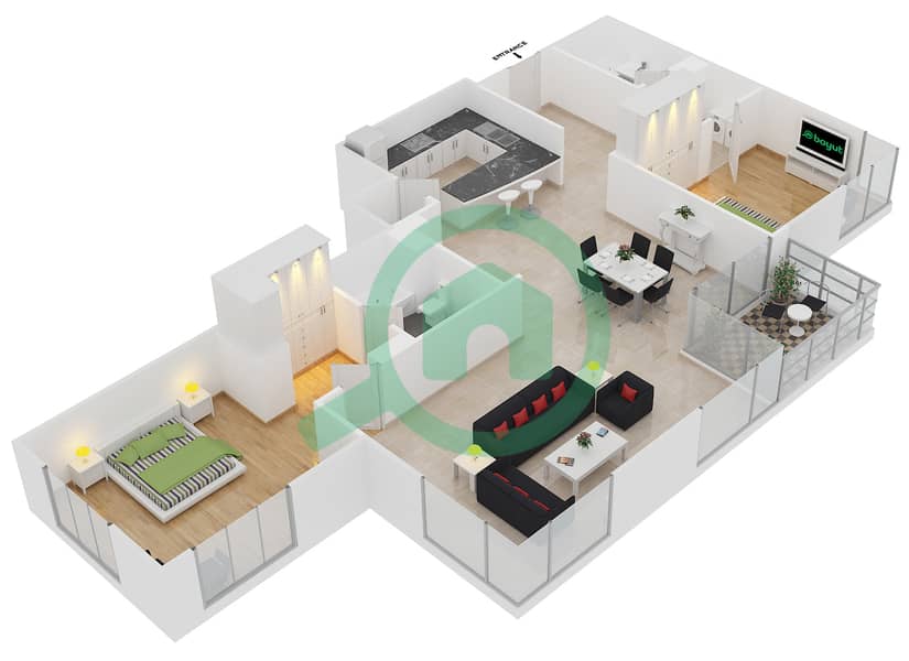 المخططات الطابقية لتصميم الوحدة 03 / FLOOR 3-6 شقة 2 غرفة نوم - برج المرجان interactive3D