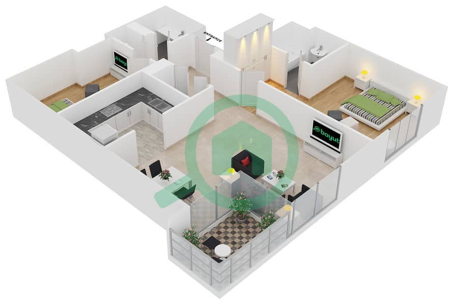 Аль Мурджан Тауэр - Апартамент 2 Cпальни планировка Единица измерения 07 / FLOOR 3-23 interactive3D