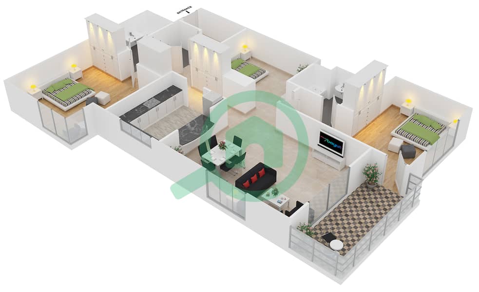 Al Murjan Tower - 3 Bedroom Apartment Unit 01 / FLOOR 3-23 Floor plan interactive3D