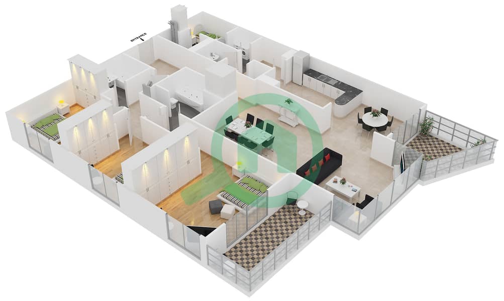 المخططات الطابقية لتصميم الوحدة 01 / FLOOR 25-31 شقة 3 غرف نوم - برج المرجان interactive3D