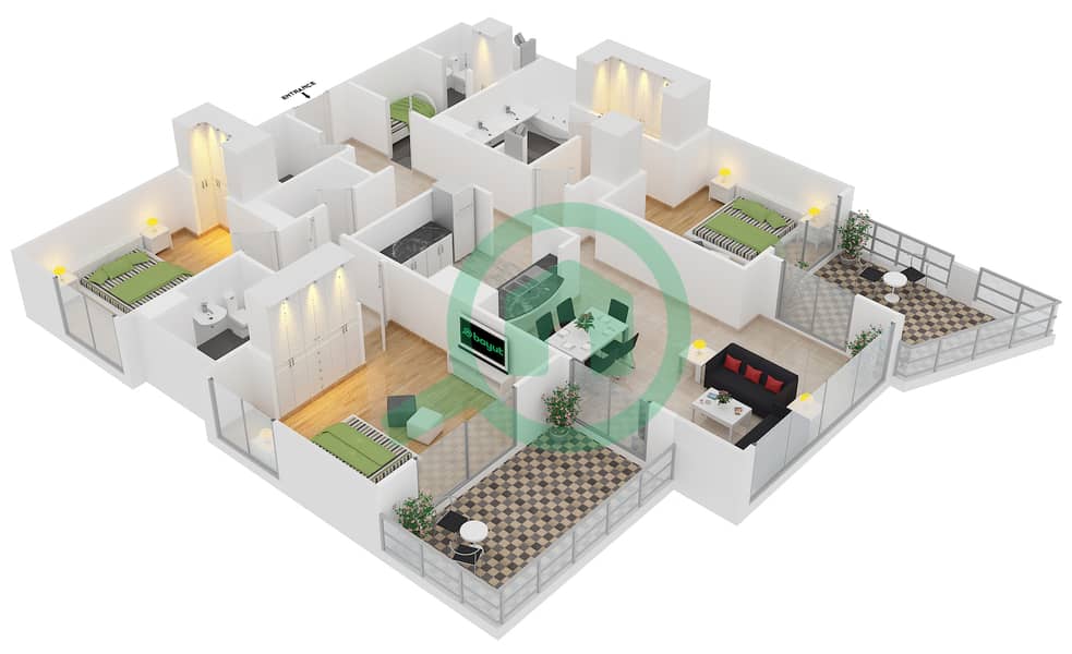 Al Murjan Tower - 3 Bedroom Apartment Unit 01 / FLOOR 33-35 Floor plan interactive3D