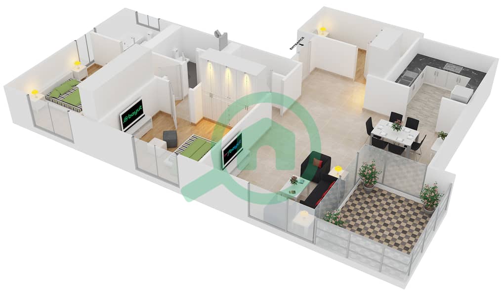 Al Murjan Tower - 3 Bedroom Apartment Unit 02 / FLOOR 25-31 Floor plan interactive3D