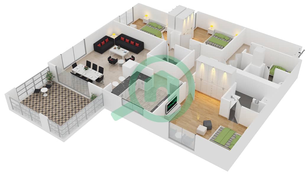 المخططات الطابقية لتصميم الوحدة 03 / FLOOR 33-35 شقة 3 غرف نوم - برج المرجان interactive3D