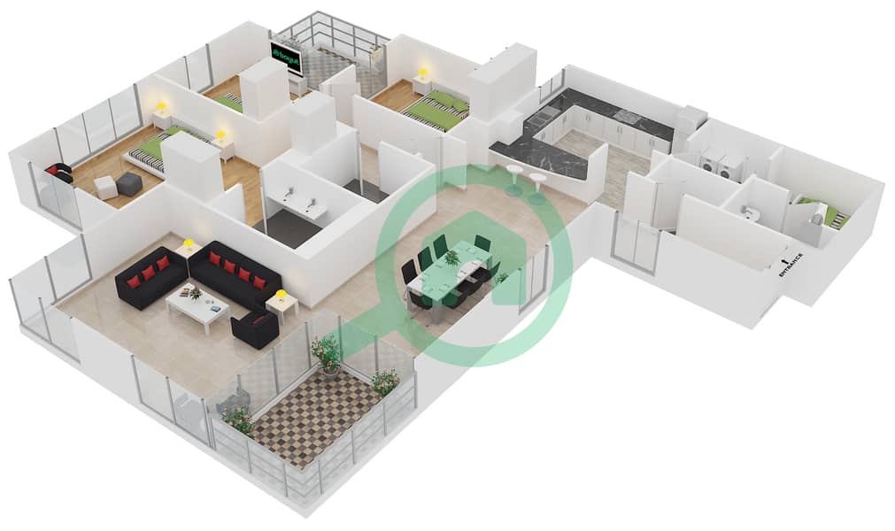 المخططات الطابقية لتصميم الوحدة 03 / FLOOR 25-31 شقة 3 غرف نوم - برج المرجان interactive3D