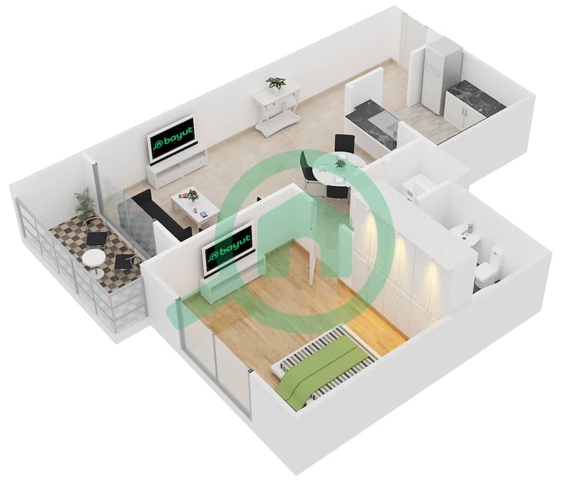 克拉伦2号大厦 - 1 卧室公寓套房2 FLOOR 2-20戶型图 interactive3D