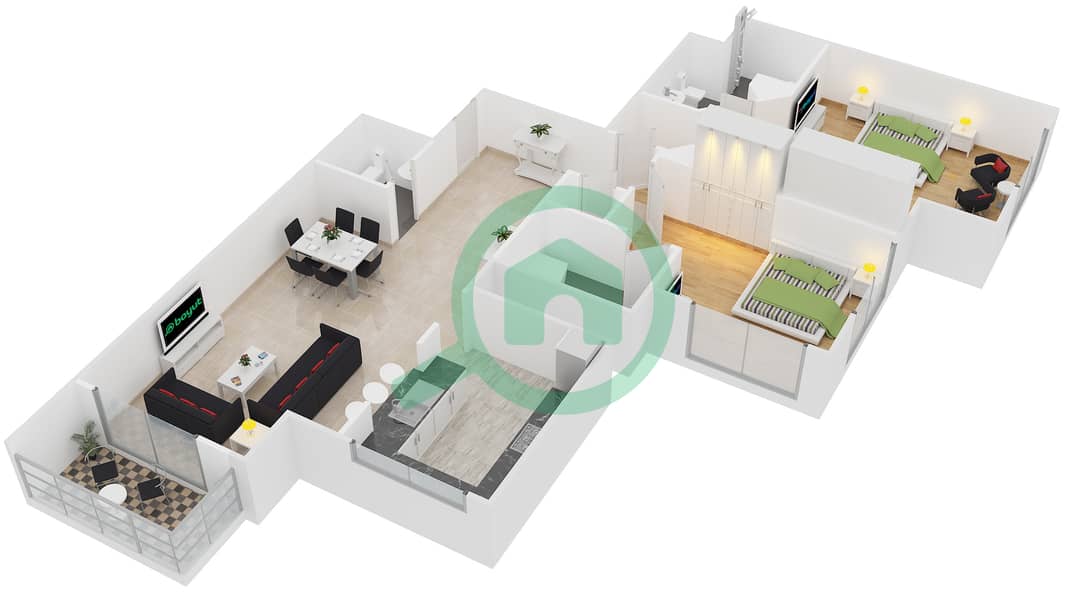 المخططات الطابقية لتصميم التصميم 1 FLOOR 21 شقة 2 غرفة نوم - أبراج كلارين 2 interactive3D