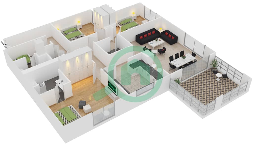 المخططات الطابقية لتصميم الوحدة 04 / FLOOR 33-35 شقة 3 غرف نوم - برج المرجان interactive3D
