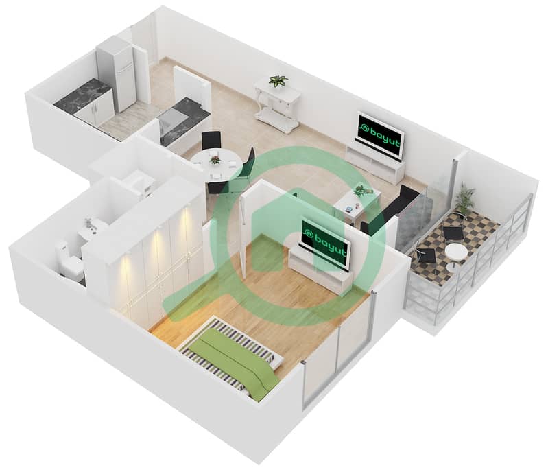 克拉伦2号大厦 - 1 卧室公寓套房3 FLOOR 2-20戶型图 interactive3D