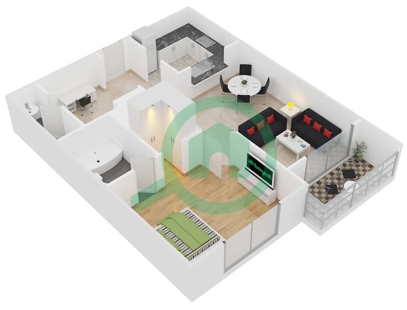 Кларен Тауэр 2 - Апартамент 1 Спальня планировка Гарнитур, анфилиада комнат, апартаменты, подходящий 5 FLOOR 1 interactive3D