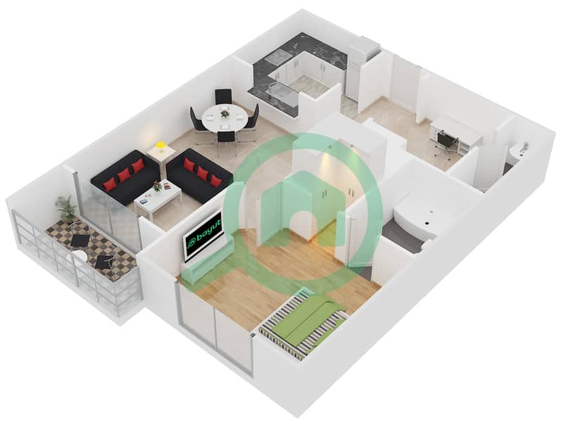 Кларен Тауэр 2 - Апартамент 1 Спальня планировка Гарнитур, анфилиада комнат, апартаменты, подходящий 6 FLOOR 1 interactive3D