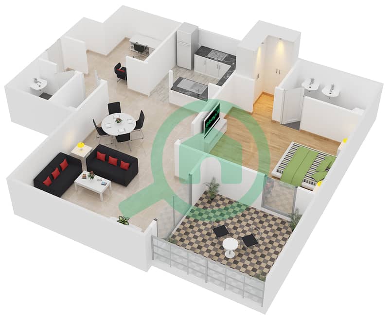 Claren Tower 2 - 1 Bedroom Apartment Suite 6 FLOOR 3 Floor plan interactive3D