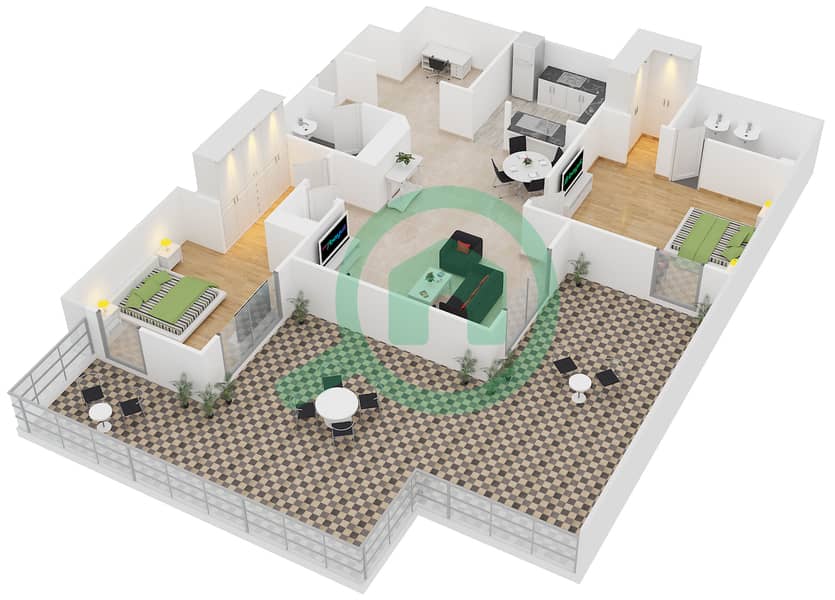 Кларен Тауэр 2 - Апартамент 2 Cпальни планировка Гарнитур, анфилиада комнат, апартаменты, подходящий 6 FLOOR 2 interactive3D