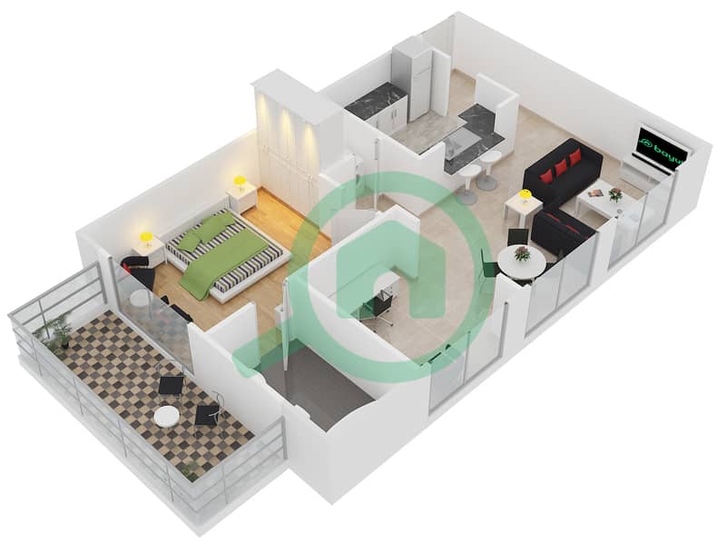 المخططات الطابقية لتصميم التصميم 10 FLOOR 1 شقة 1 غرفة نوم - أبراج كلارين 2 interactive3D