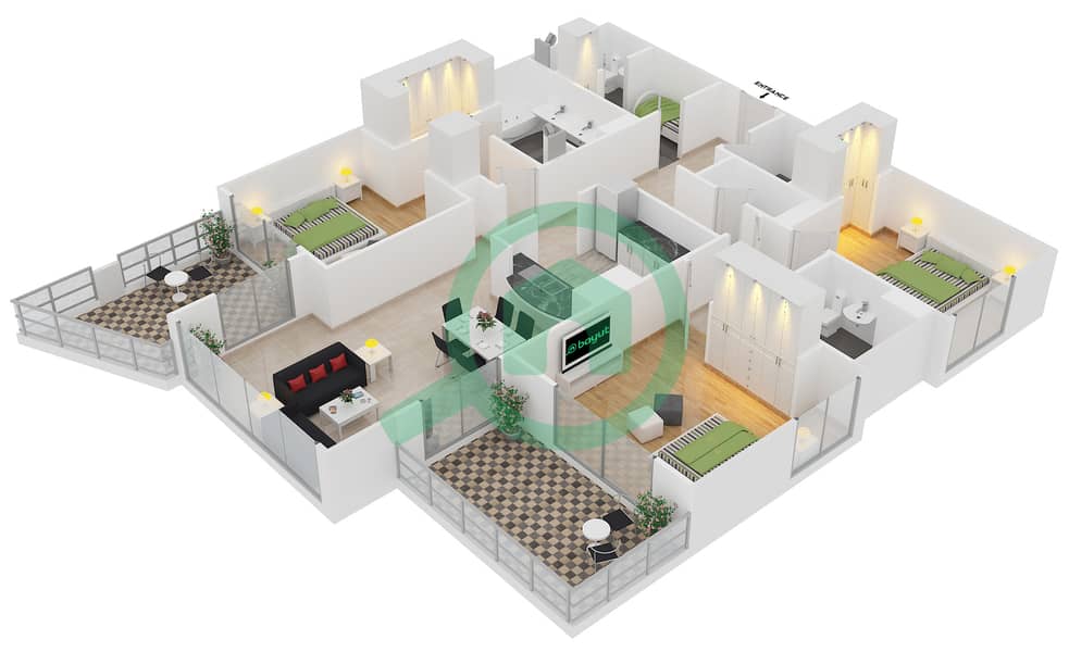 Al Murjan Tower - 3 Bedroom Apartment Unit 06 / FLOOR 33-35 Floor plan interactive3D