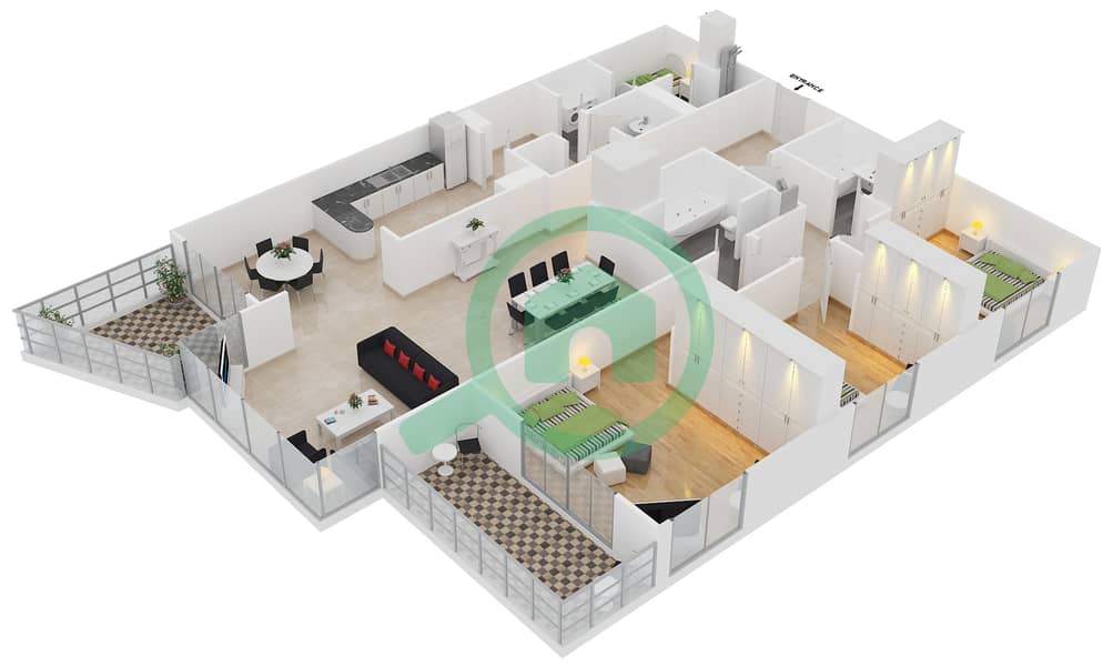 المخططات الطابقية لتصميم الوحدة 06 / FLOOR 25-31 شقة 3 غرف نوم - برج المرجان interactive3D