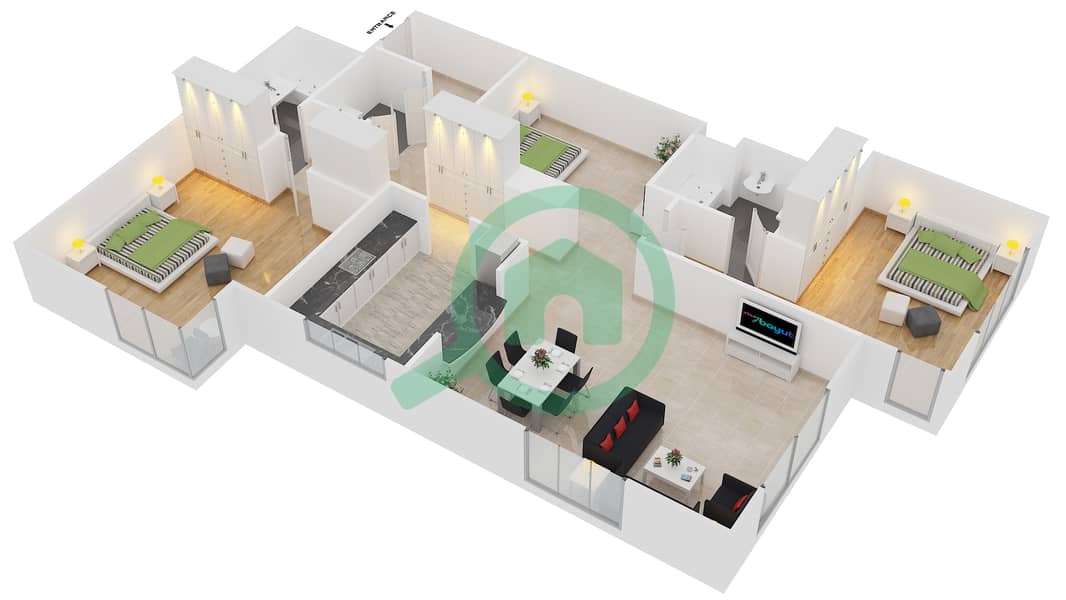 المخططات الطابقية لتصميم الوحدة 01 / FLOOR 1 شقة 3 غرف نوم - برج المرجان interactive3D