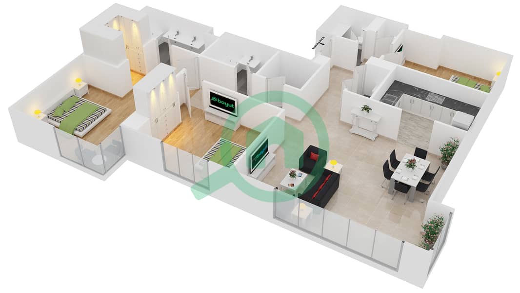 المخططات الطابقية لتصميم الوحدة 02 / FLOOR 1 شقة 3 غرف نوم - برج المرجان interactive3D