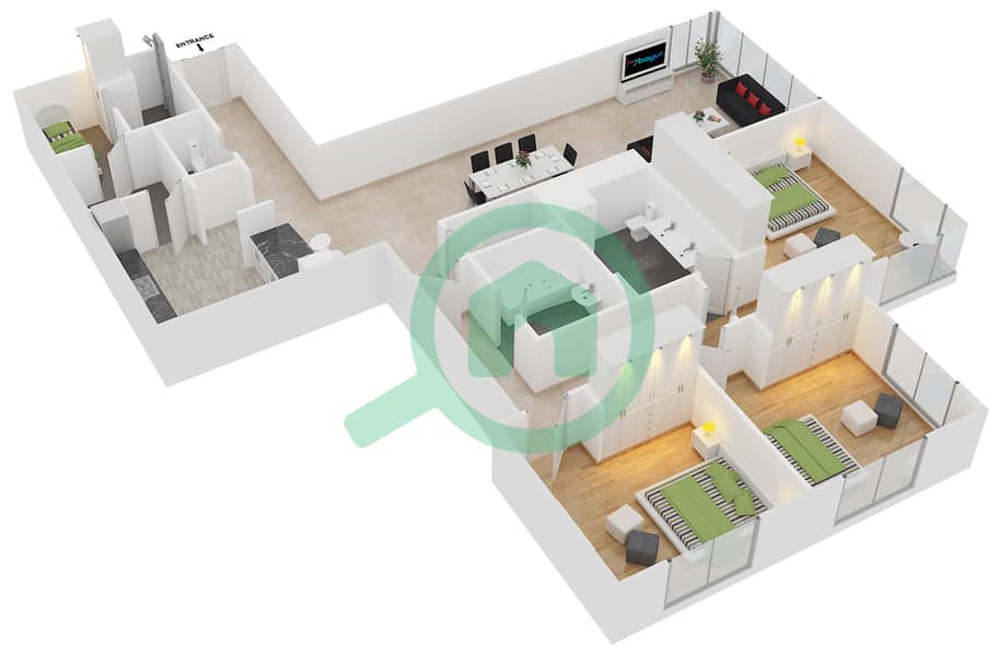 المخططات الطابقية لتصميم الوحدة 03 / FLOOR 1 شقة 3 غرف نوم - برج المرجان interactive3D