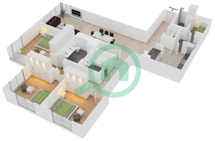 المخططات الطابقية لتصميم الوحدة 04 / FLOOR 1 شقة 3 غرف نوم - برج المرجان interactive3D
