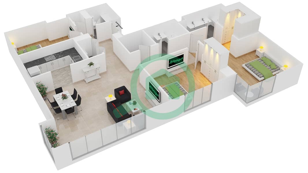 المخططات الطابقية لتصميم الوحدة 05 / FLOOR 1 شقة 3 غرف نوم - برج المرجان interactive3D