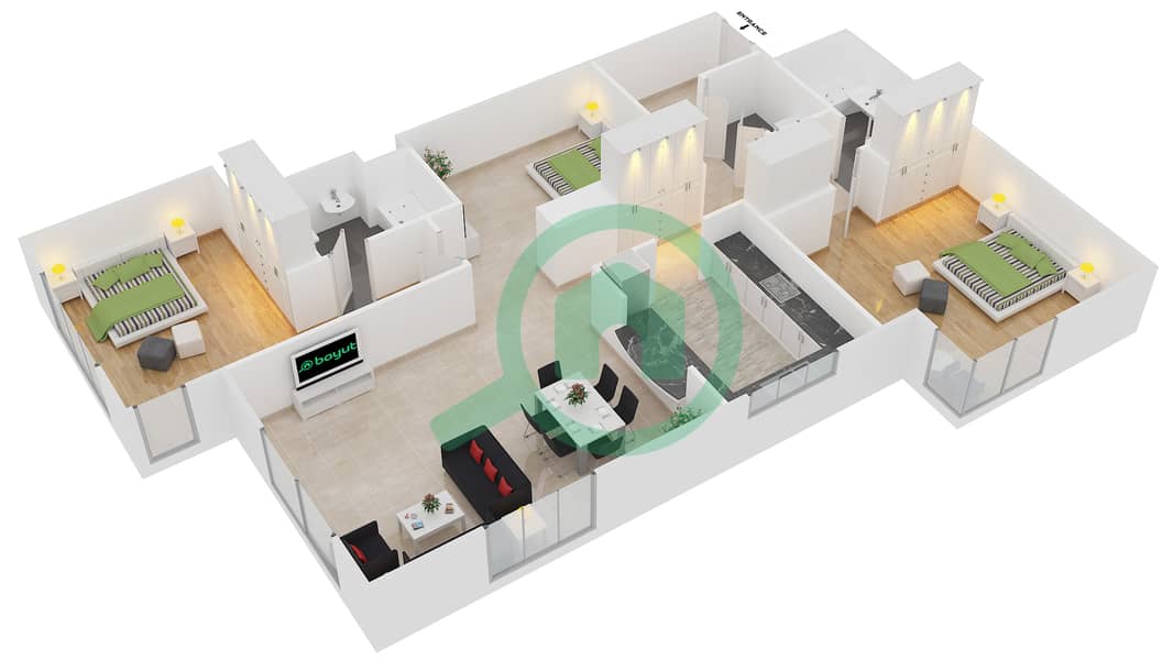 Al Murjan Tower - 3 Bedroom Apartment Unit 06 / FLOOR 1 Floor plan interactive3D
