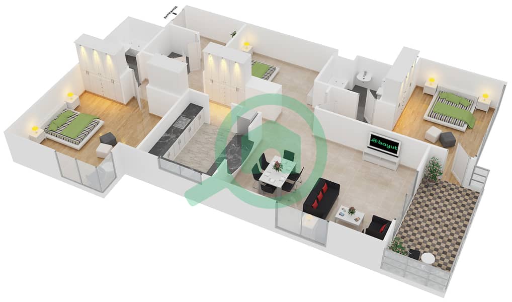 阿尔穆尔扬大厦 - 3 卧室公寓单位01 / FLOOR 2戶型图 interactive3D