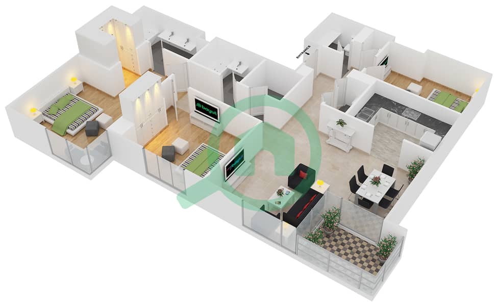 المخططات الطابقية لتصميم الوحدة 02 / FLOOR 2 شقة 3 غرف نوم - برج المرجان interactive3D