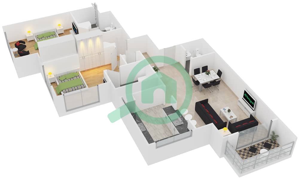 المخططات الطابقية لتصميم التصميم 2 FLOOR 21 شقة 2 غرفة نوم - أبراج كلارين 2 interactive3D