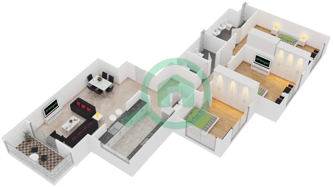 Кларен Тауэр 2 - Апартамент 3 Cпальни планировка Гарнитур, анфилиада комнат, апартаменты, подходящий 3 FLOOR 22-23 interactive3D
