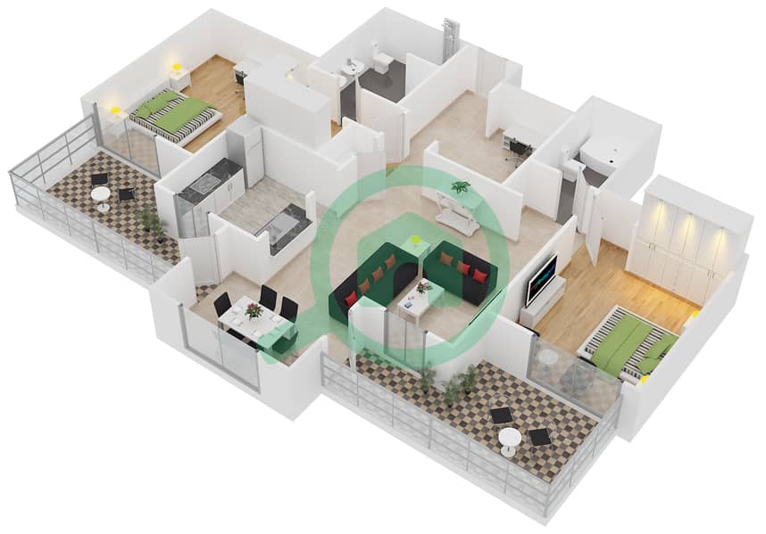 Claren Tower 2 - 2 Bedroom Apartment Suite 6 FLOOR 4-20 Floor plan interactive3D