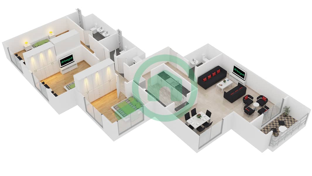 المخططات الطابقية لتصميم التصميم 4 FLOOR 21 شقة 3 غرف نوم - أبراج كلارين 2 interactive3D