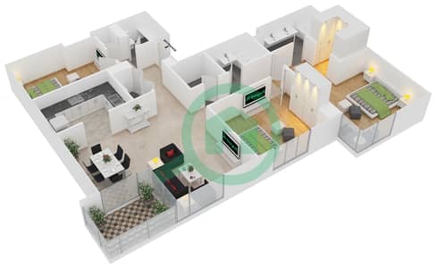Аль Мурджан Тауэр - Апартамент 3 Cпальни планировка Единица измерения 05 / FLOOR 2