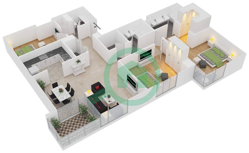المخططات الطابقية لتصميم الوحدة 05 / FLOOR 2 شقة 3 غرف نوم - برج المرجان interactive3D