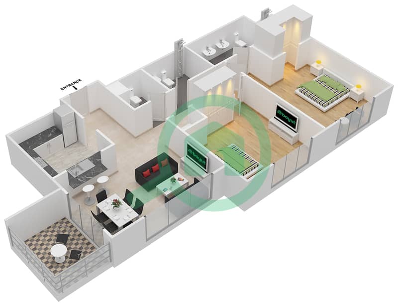 Кларен Тауэр 2 - Апартамент 2 Cпальни планировка Гарнитур, анфилиада комнат, апартаменты, подходящий 5 FLOOR 4-20 interactive3D