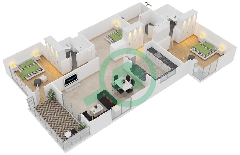 Al Murjan Tower - 3 Bedroom Apartment Unit 06 / FLOOR 2 Floor plan interactive3D