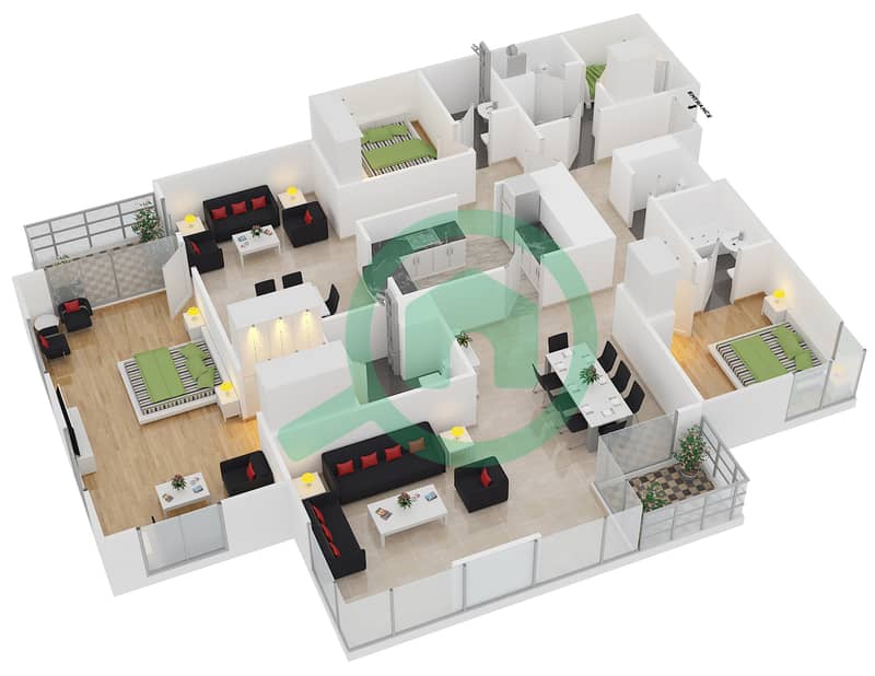 المخططات الطابقية لتصميم الوحدة 03 / FLOOR 7 شقة 3 غرف نوم - برج المرجان interactive3D