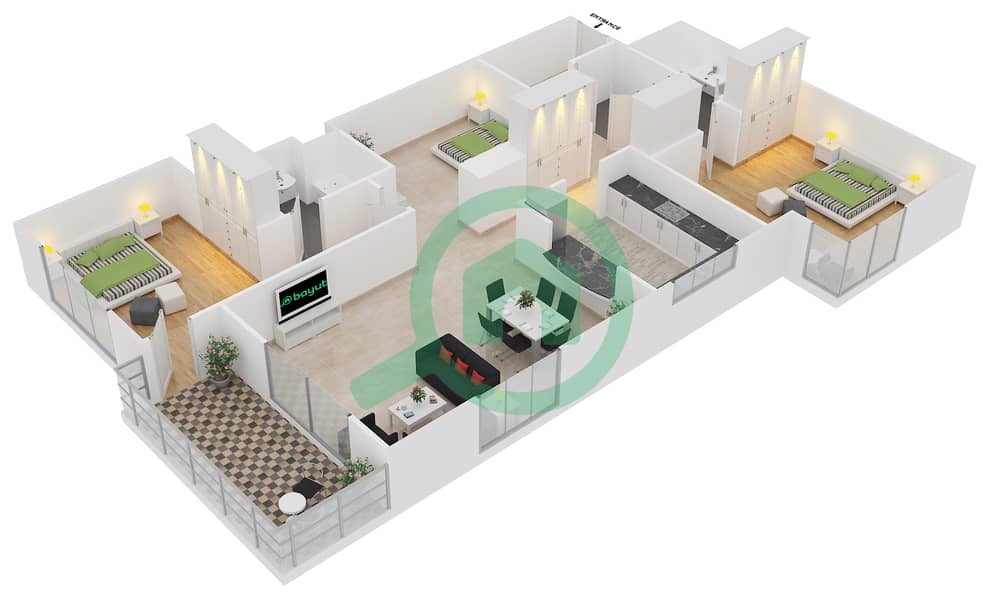 Al Murjan Tower - 3 Bedroom Apartment Unit 08 / FLOOR 20 Floor plan interactive3D