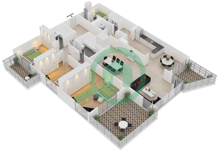 المخططات الطابقية لتصميم الوحدة 01 / FLOOR 24 شقة 3 غرف نوم - برج المرجان interactive3D