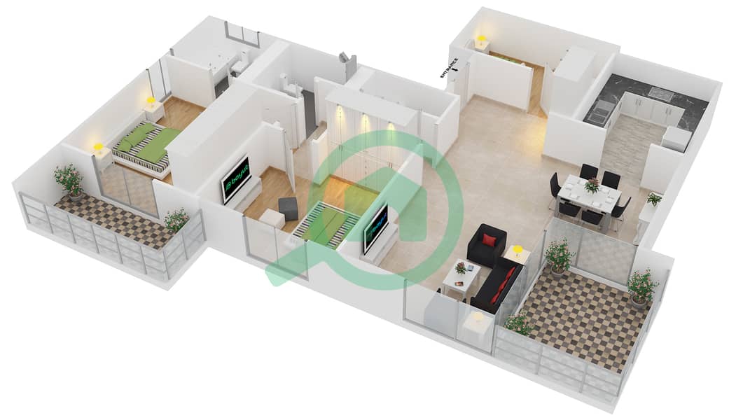 Аль Мурджан Тауэр - Апартамент 3 Cпальни планировка Единица измерения 02 / FLOOR 24 interactive3D