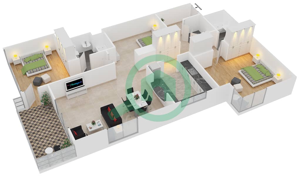 Al Murjan Tower - 3 Bedroom Apartment Unit 08 / FLOOR 3-19,21-23 Floor plan interactive3D