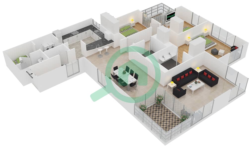 Al Murjan Tower - 3 Bedroom Apartment Unit 04  / FLOOR 24 Floor plan interactive3D