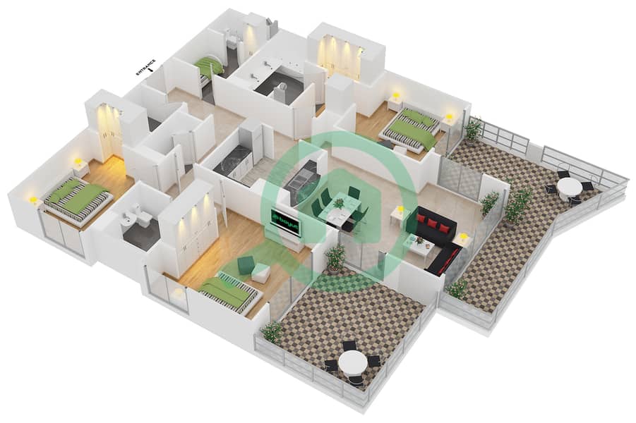 المخططات الطابقية لتصميم الوحدة 01 / FLOOR 3 شقة 3 غرف نوم - برج المرجان interactive3D
