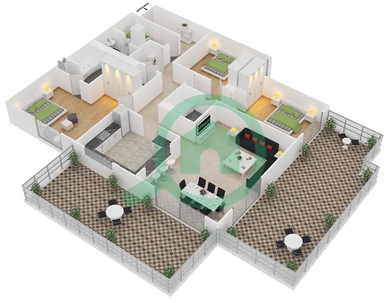 Аль Мурджан Тауэр - Апартамент 3 Cпальни планировка Единица измерения 04  / FLOOR 32 interactive3D