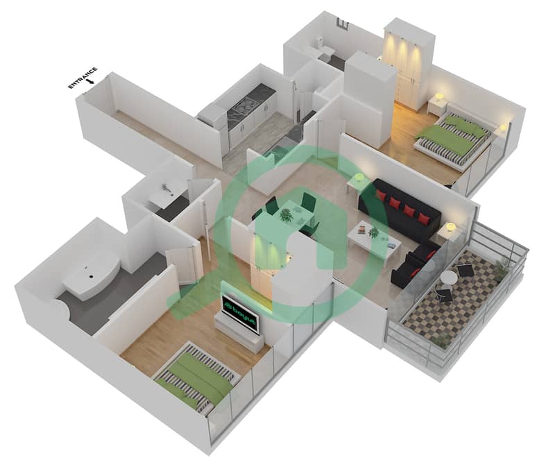 المخططات الطابقية لتصميم النموذج / الوحدة F/07/FLOOR 43-51 شقة 2 غرفة نوم - داون تاون فيوز interactive3D