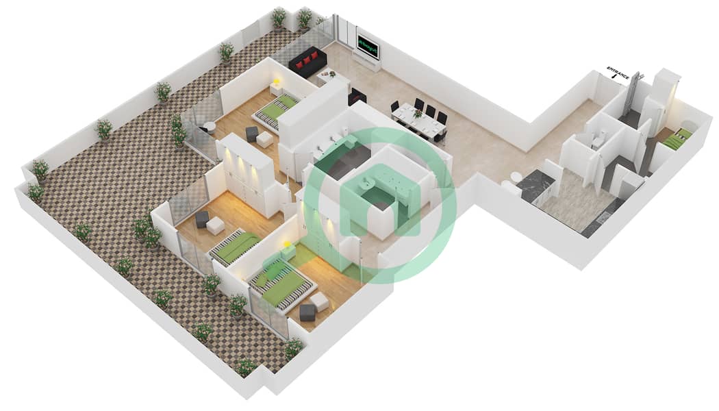 المخططات الطابقية لتصميم الوحدة G04 / GROUND FLOOR شقة 3 غرف نوم - برج المرجان interactive3D