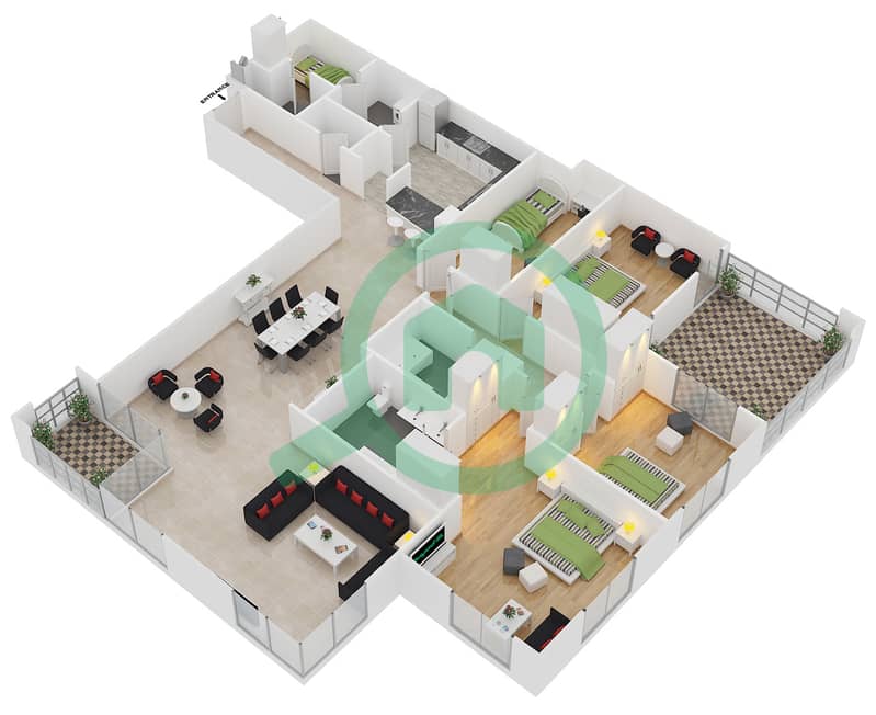 المخططات الطابقية لتصميم الوحدة 04 / FLOOR 2 شقة 4 غرف نوم - برج المرجان interactive3D
