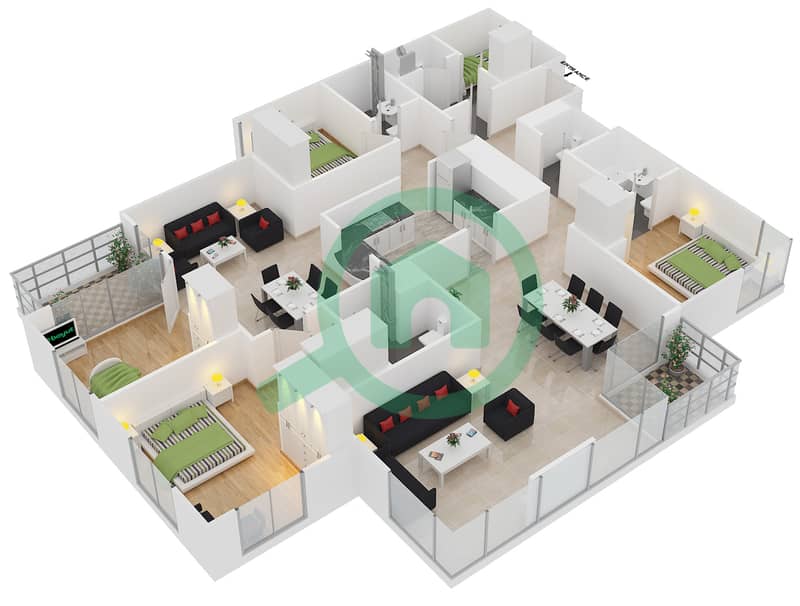 المخططات الطابقية لتصميم الوحدة 03 / FLOOR 9,21 شقة 4 غرف نوم - برج المرجان interactive3D